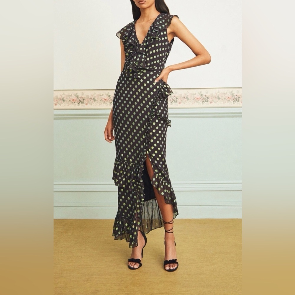 SALONI Silk Anita Cocktail Dress with Shimmering Green Polka Dots NWT